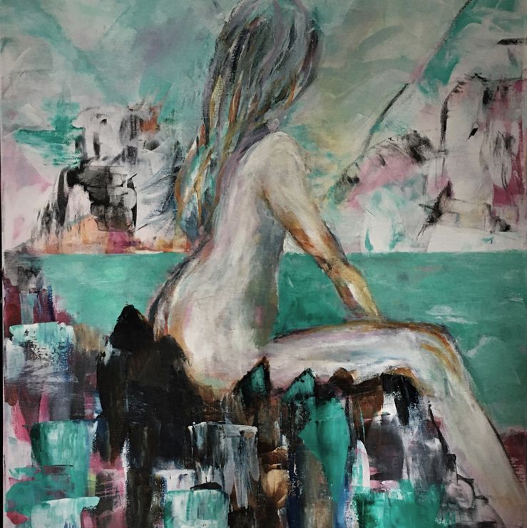 Kvinden ved havet .80x60 malet i sart turkis, rosa og med kontrast .