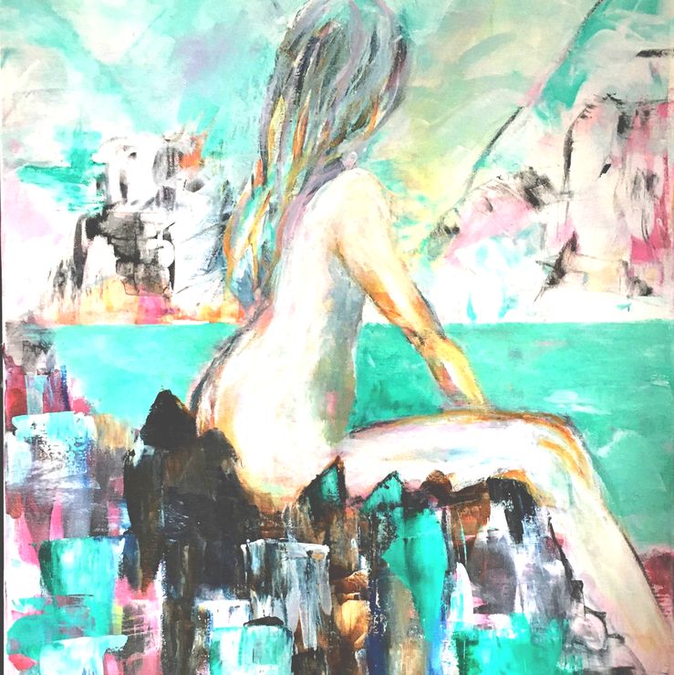 Kvinden ved havet .80x60 malet i sart turkis, rosa og med kontrast .