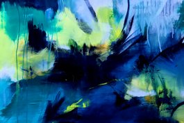  Abstrakt blå maleri med lysegrøne efekter og lille fugl   
