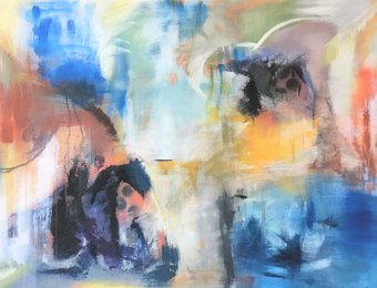 Abstrakt stort malerie - Vildt natur - malet med tynde farver i flere lag- faven blå,  jordfarve og duset sorte figurer