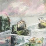 Abstrakt maleri i svag rosa og grå