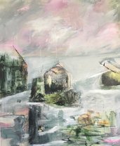 151. "Regnvejrsdag ved havet" Abstraktmaleri malet med grå nuancer med rosa og grøn  