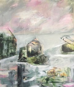Stor abstraktknstmaleri - Regnvejrsdag i farven grå, rosa og grønt- motiv vesterhavets bunker   